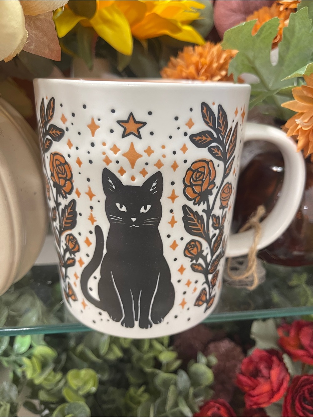 Halloween Black Cat Celestial Floral Rose Fall 🐈‍⬛ Orange Ceramic Coffee Mug NWT